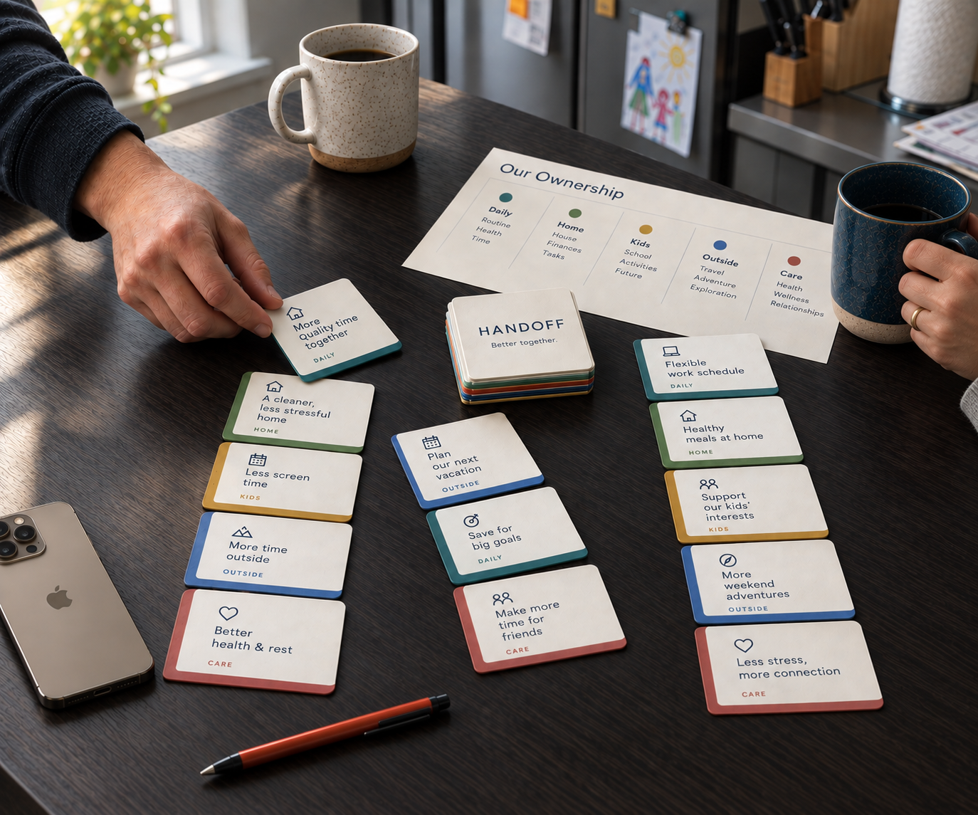 Two people dividing HANDOFF cards on a wooden table